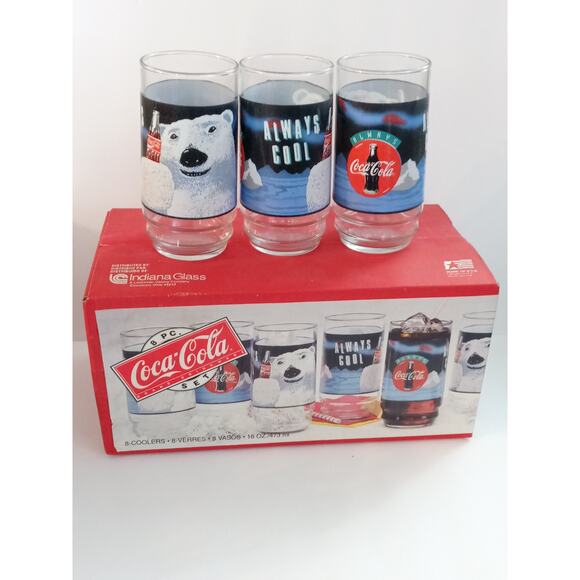 Vintage Coca Cola Polar Bears Indiana Glass Set of 8 Tumblers 16oz (hs) - Picture 6 of 6